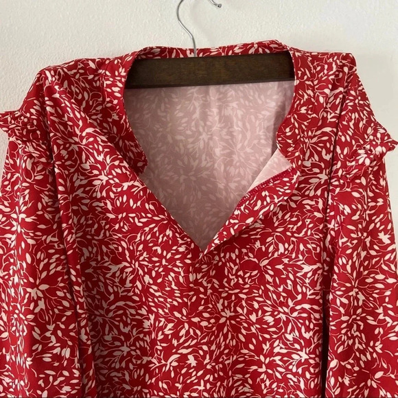 Leaf Print Ruffle Chic Blouse XL Split Neck Romantic Whimsical Boho Coquette - Picture 3 of 9